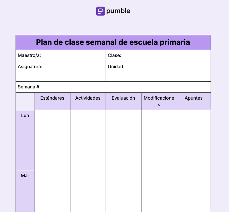 Plantilla de plan de clase semanal de escuela primaria