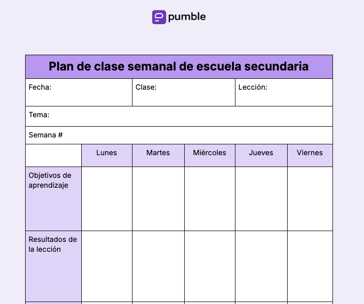 Plantilla de plan de clase semanal de escuela secundaria