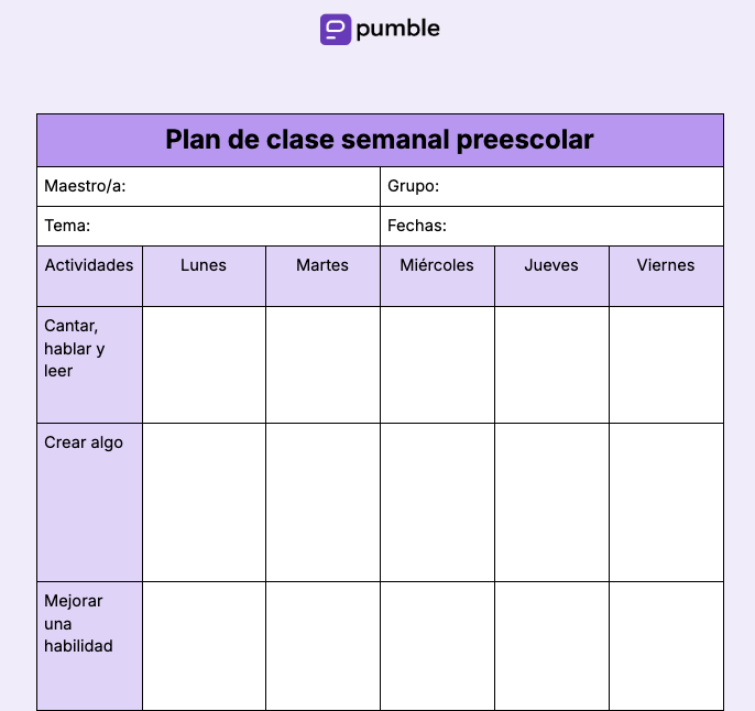 Plantilla de plan de clase semanal preescolar