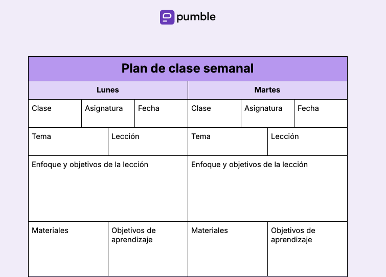 Plantilla de plan de clase semanal