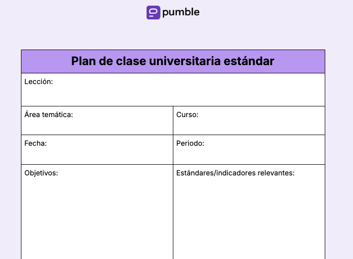 Plantilla de plan de clase universitaria estándar