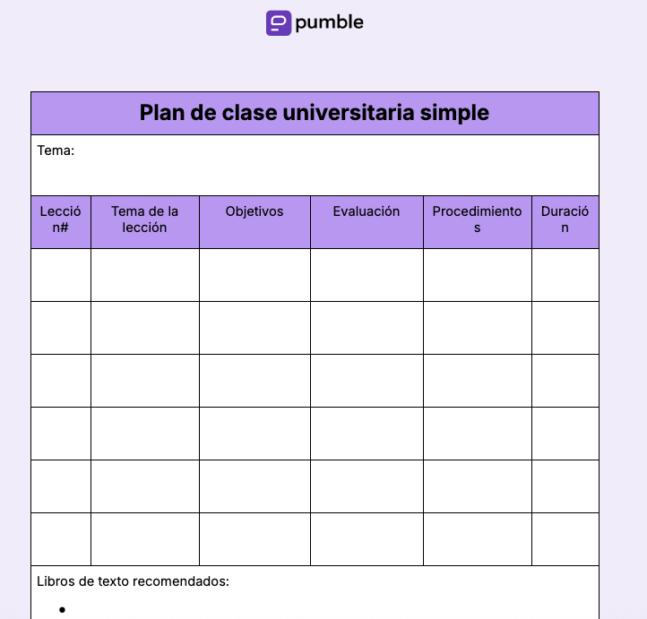 Plantilla de plan de clase universitaria simple
