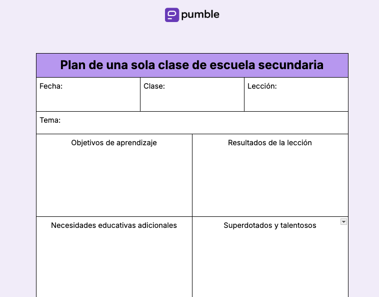 Plantilla de plan de una sola clase de escuela secundaria