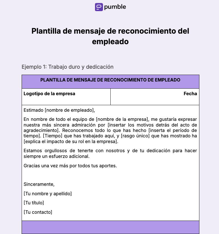 Plantilla de mensaje de reconocimiento del empleado 