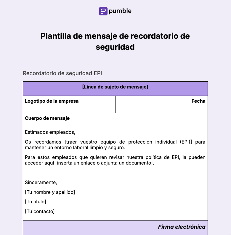 Plantilla de mensaje de recordatorio de seguridad