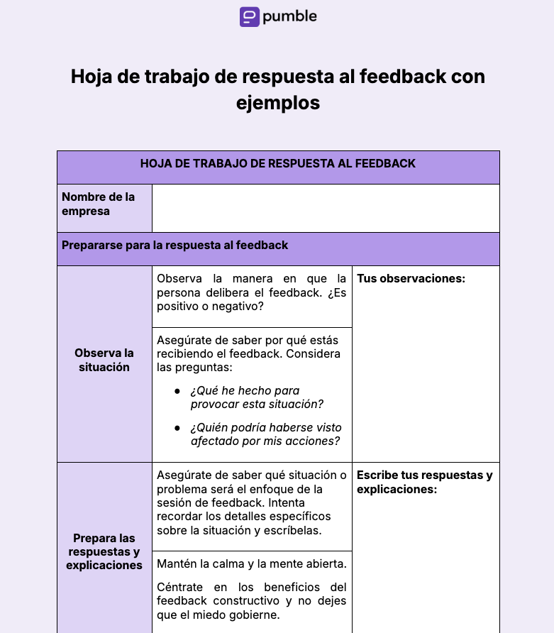 Hoja de trabajo de respuesta al feedback con ejemplos
