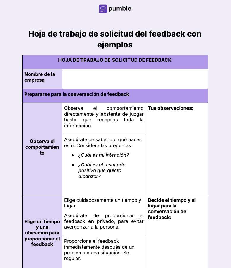 Hoja de trabajo de solicitud del feedback con ejemplos