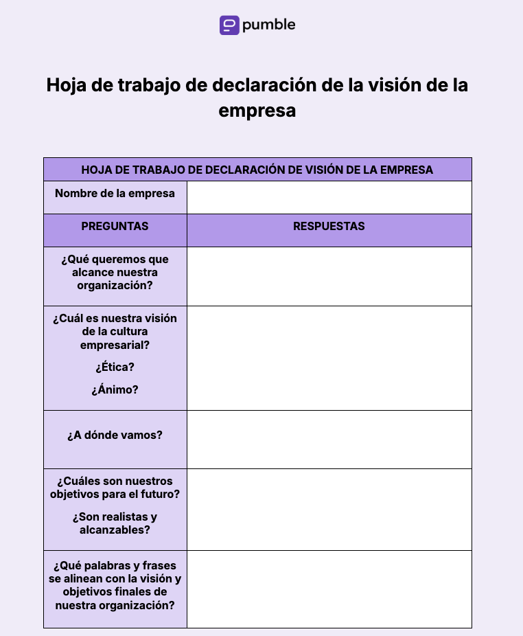 Hoja de trabajo de declaración de la visión de la empresa