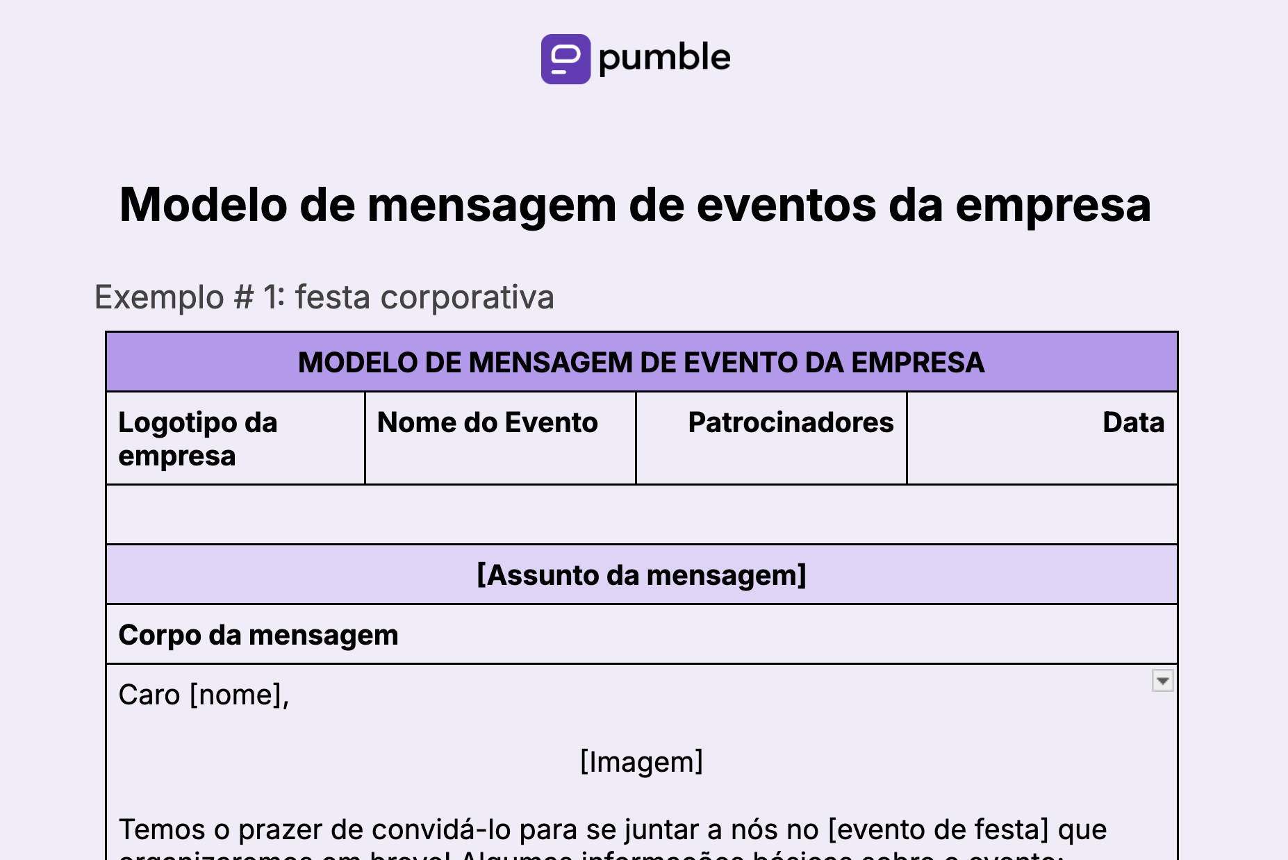 Modelo de mensagem de evento da empresa