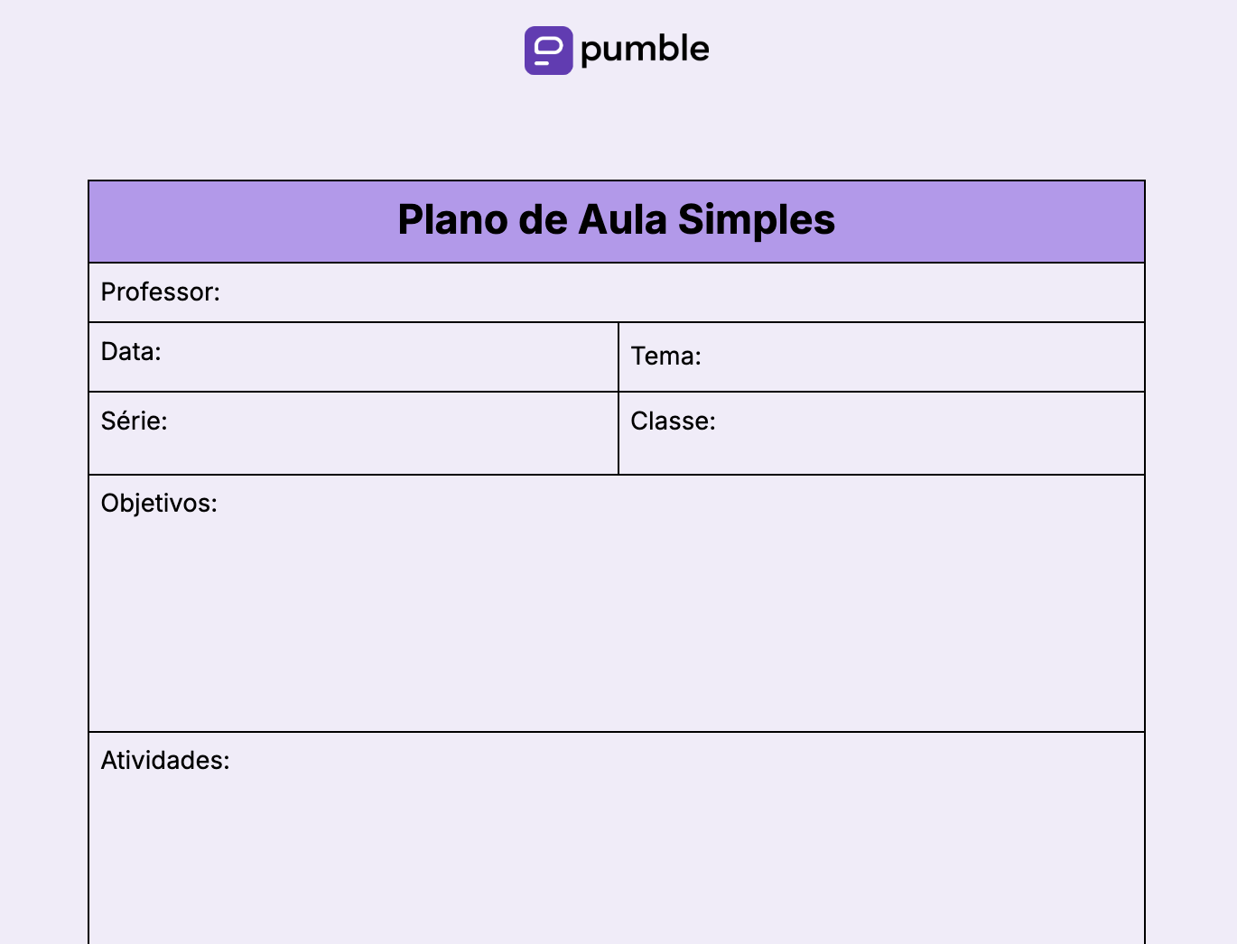 Modelo de plano de aula simples