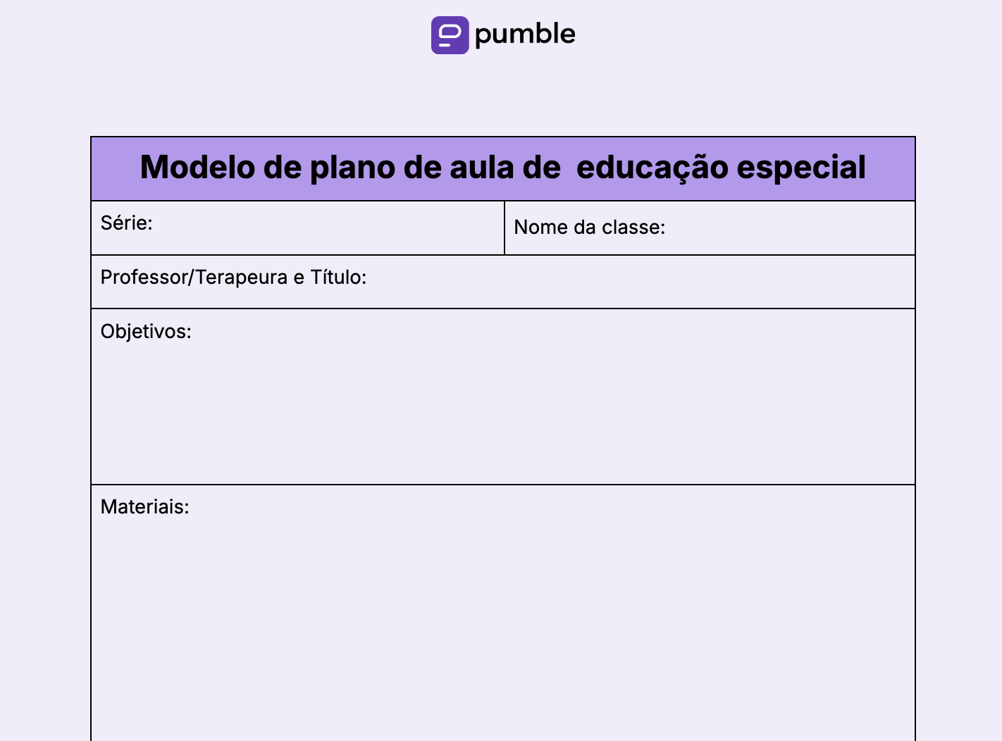 Modelo de plano de aula de educação especial