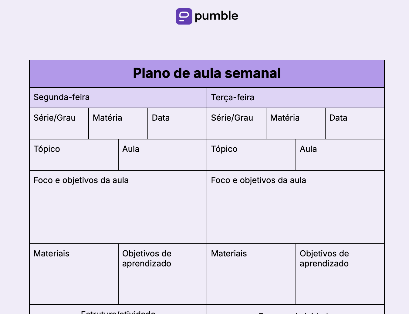 Modelo de plano de aula semanal