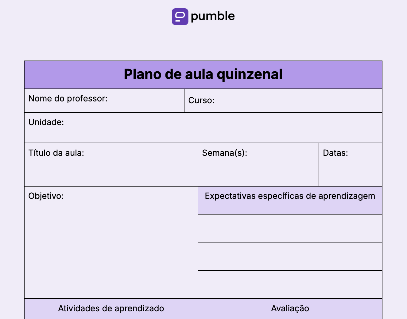 Modelo de plano de aula quinzenal