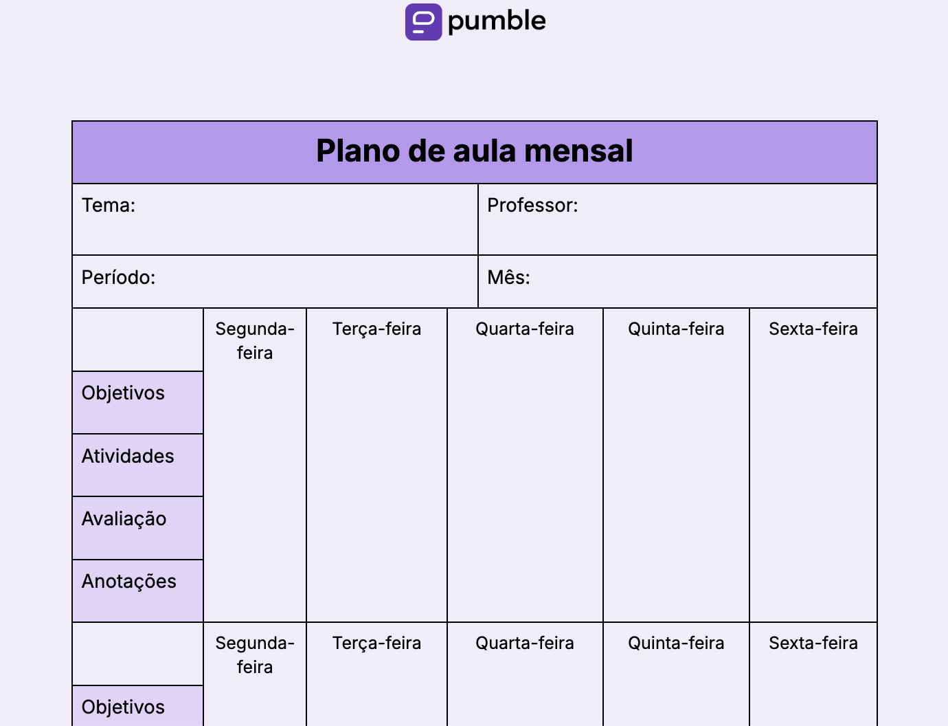 Modelo de plano de aula mensal