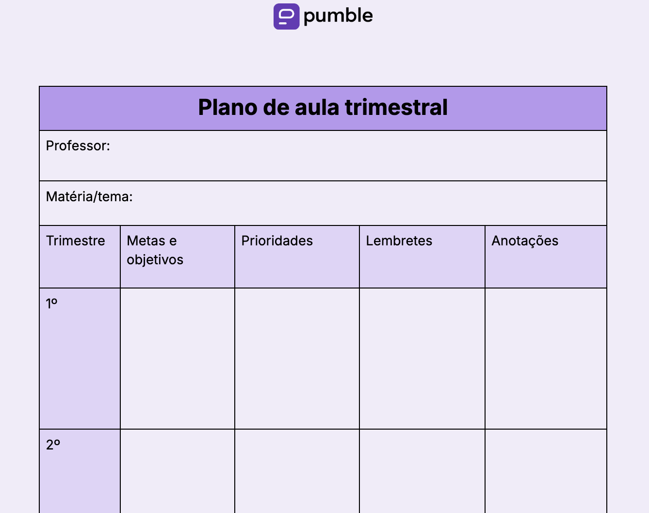 Modelo de plano de aula trimestral