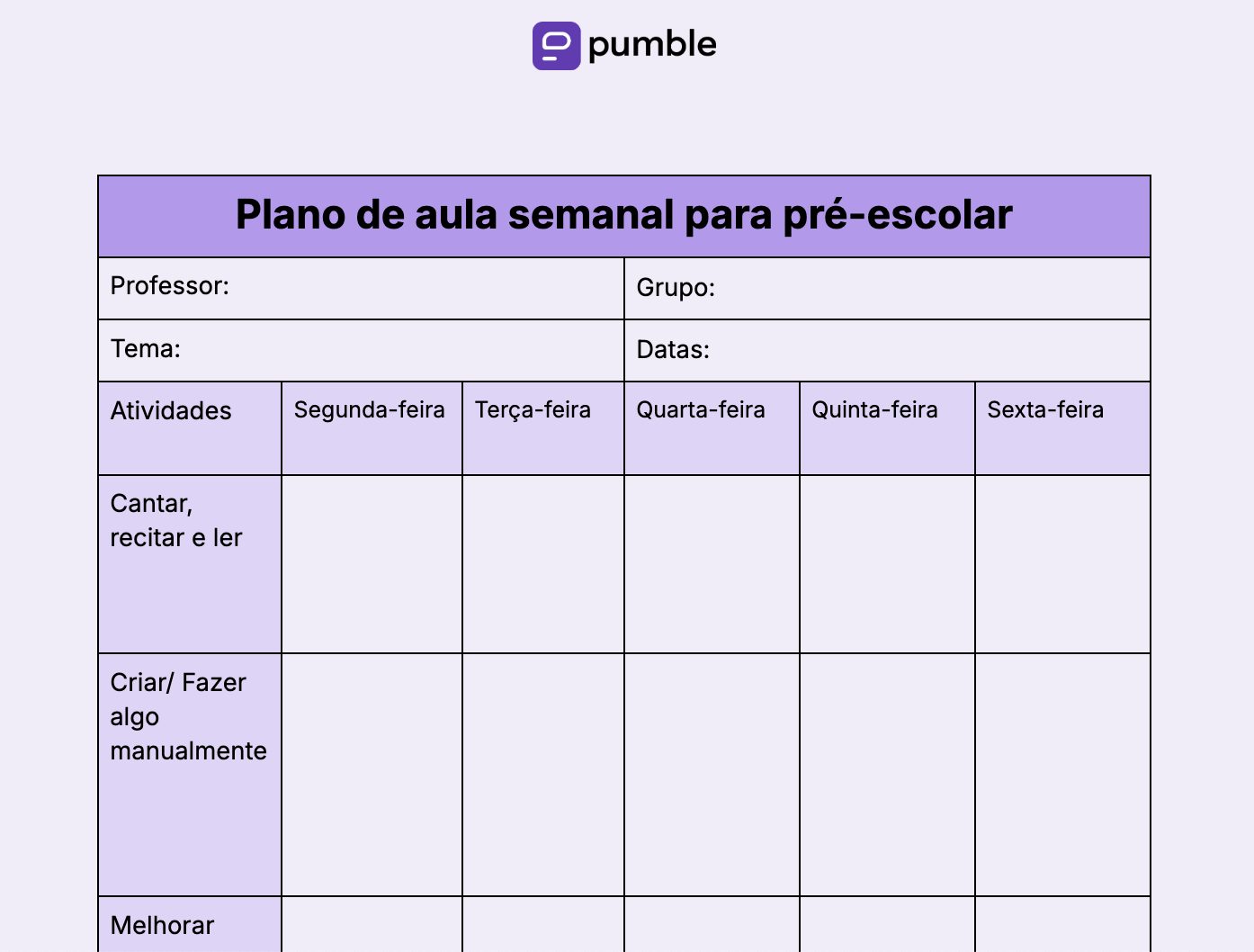 Modelo de plano de aula semanal para pré-escola