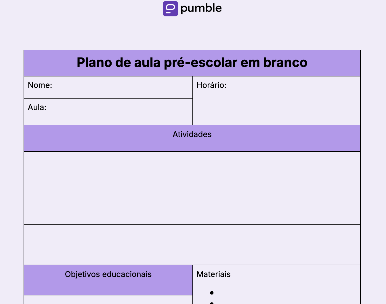 Modelo de plano de aula pré-escolar em branco