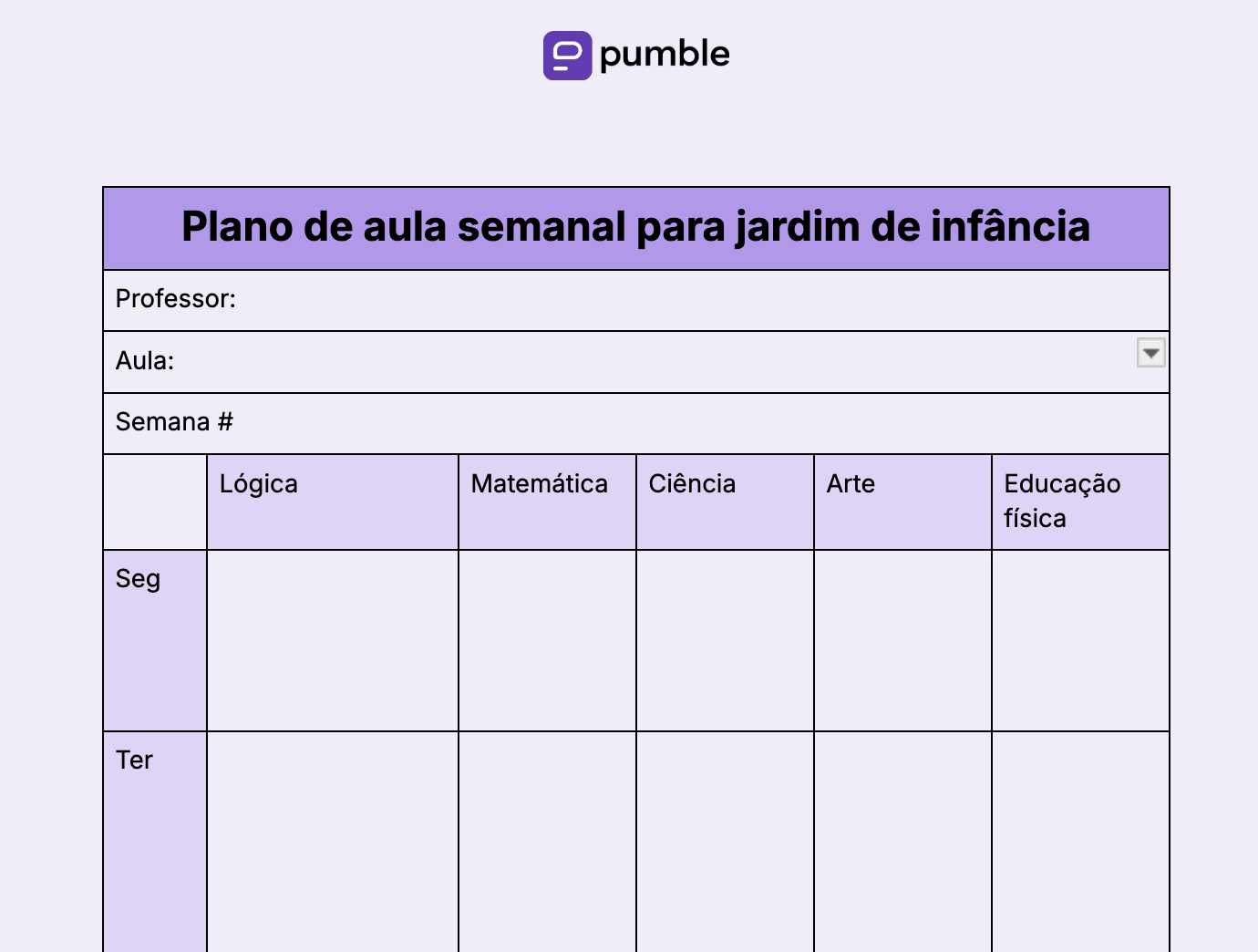 Modelo de plano de aula semanal para jardim de infância