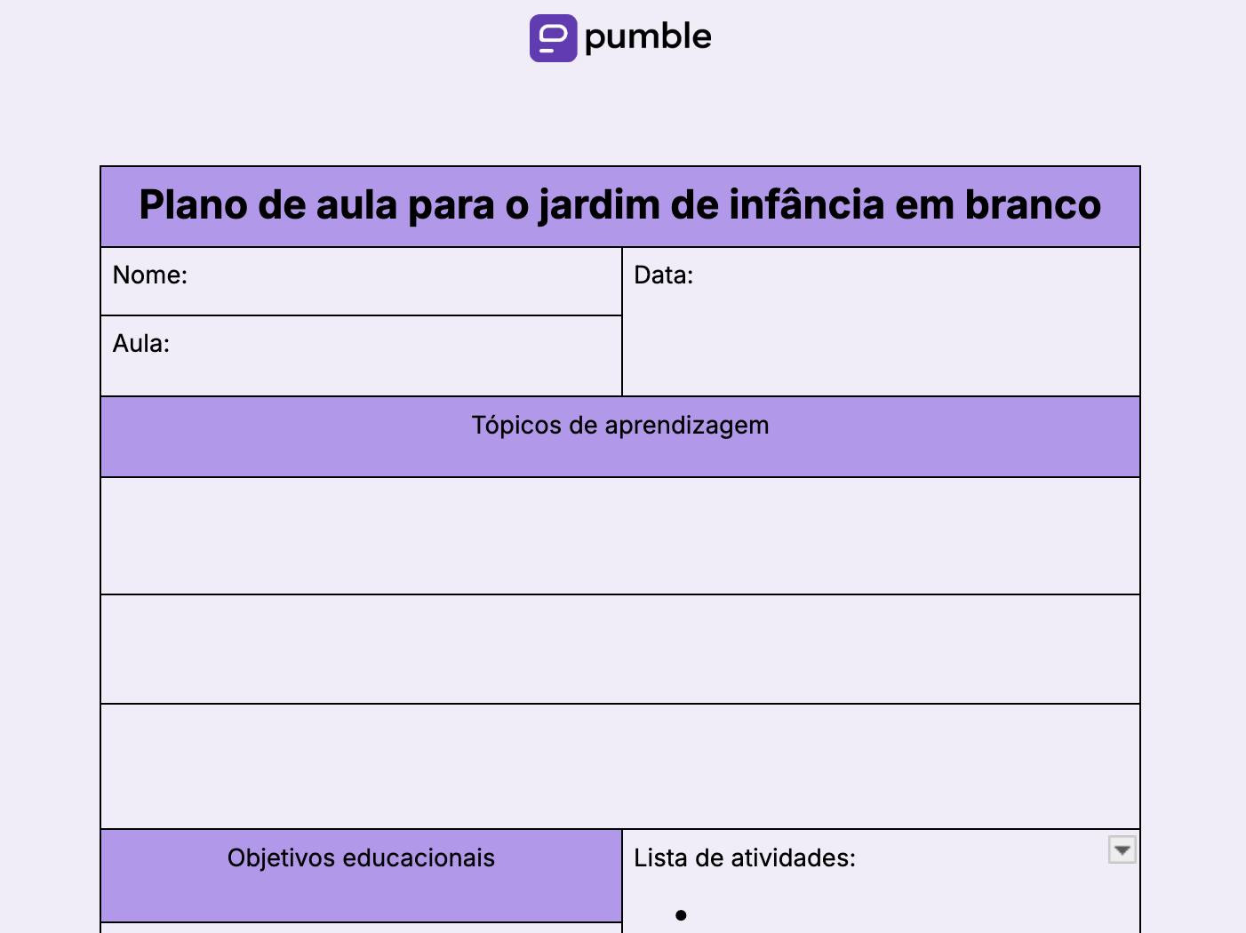 Modelo de plano de aula em branco para o jardim de infância