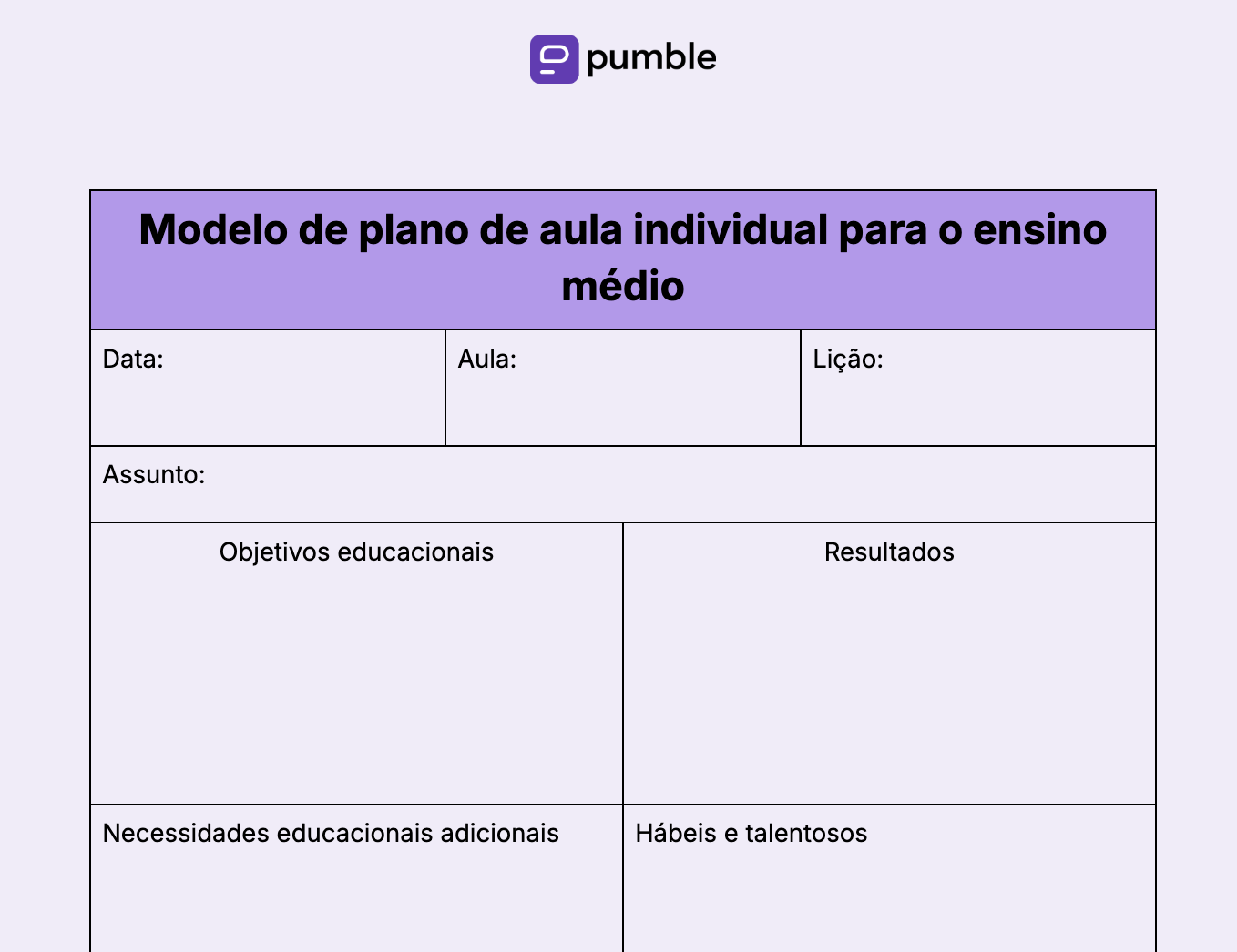 Modelo de plano de aula de aula individual para o ensino médio