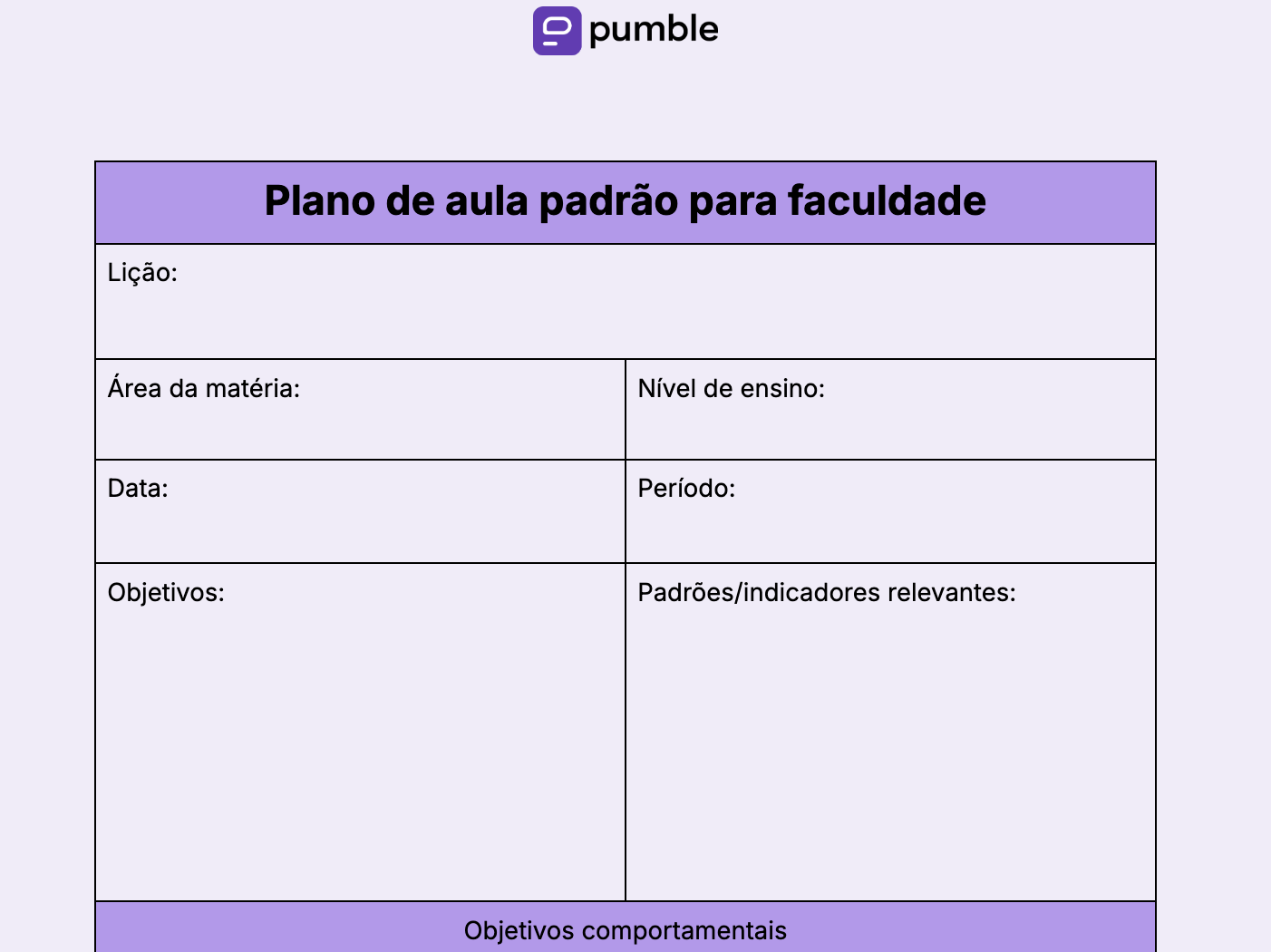 Modelo de plano de aula padrão para faculdade