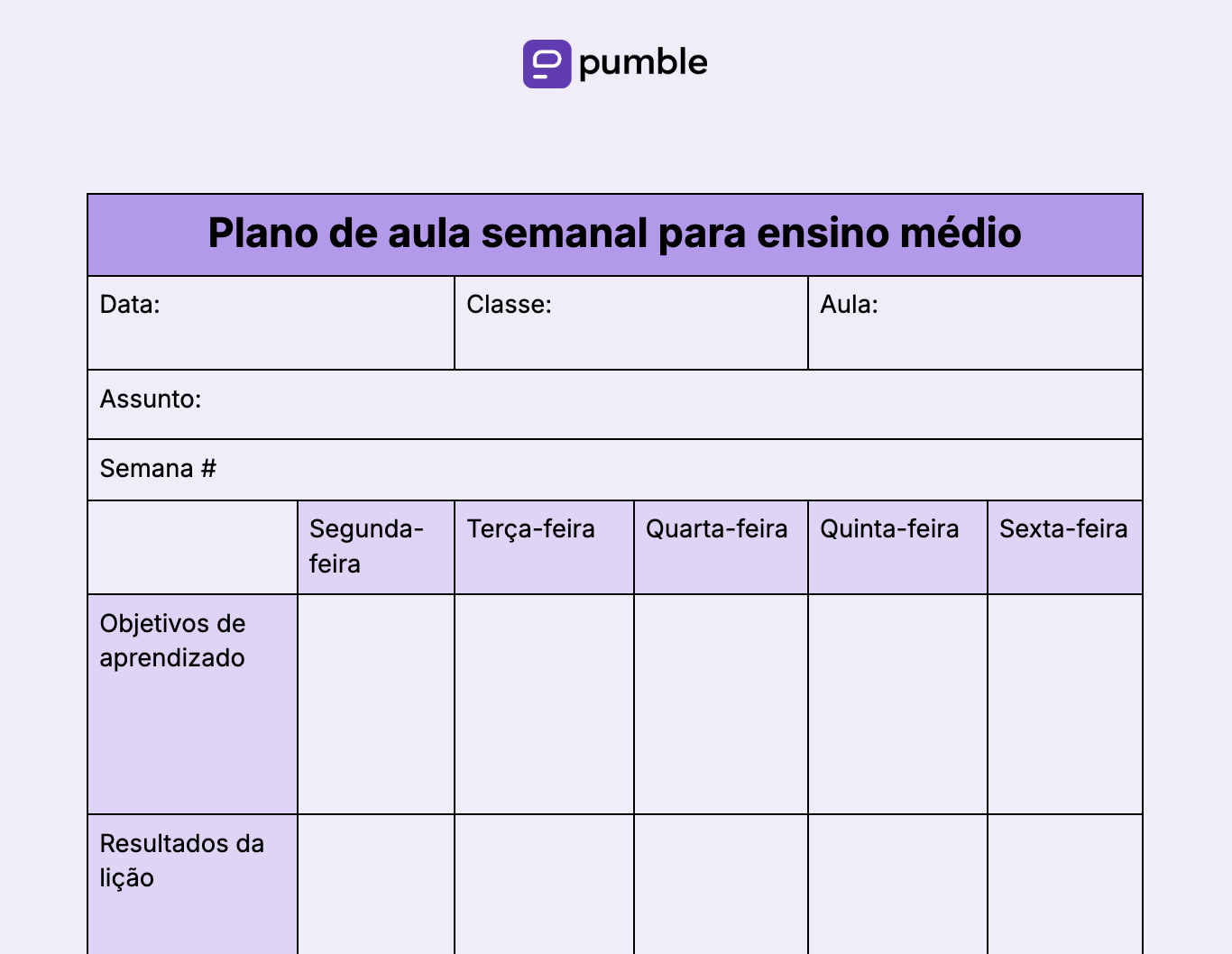 Modelo de plano de aula semanal para ensino médio