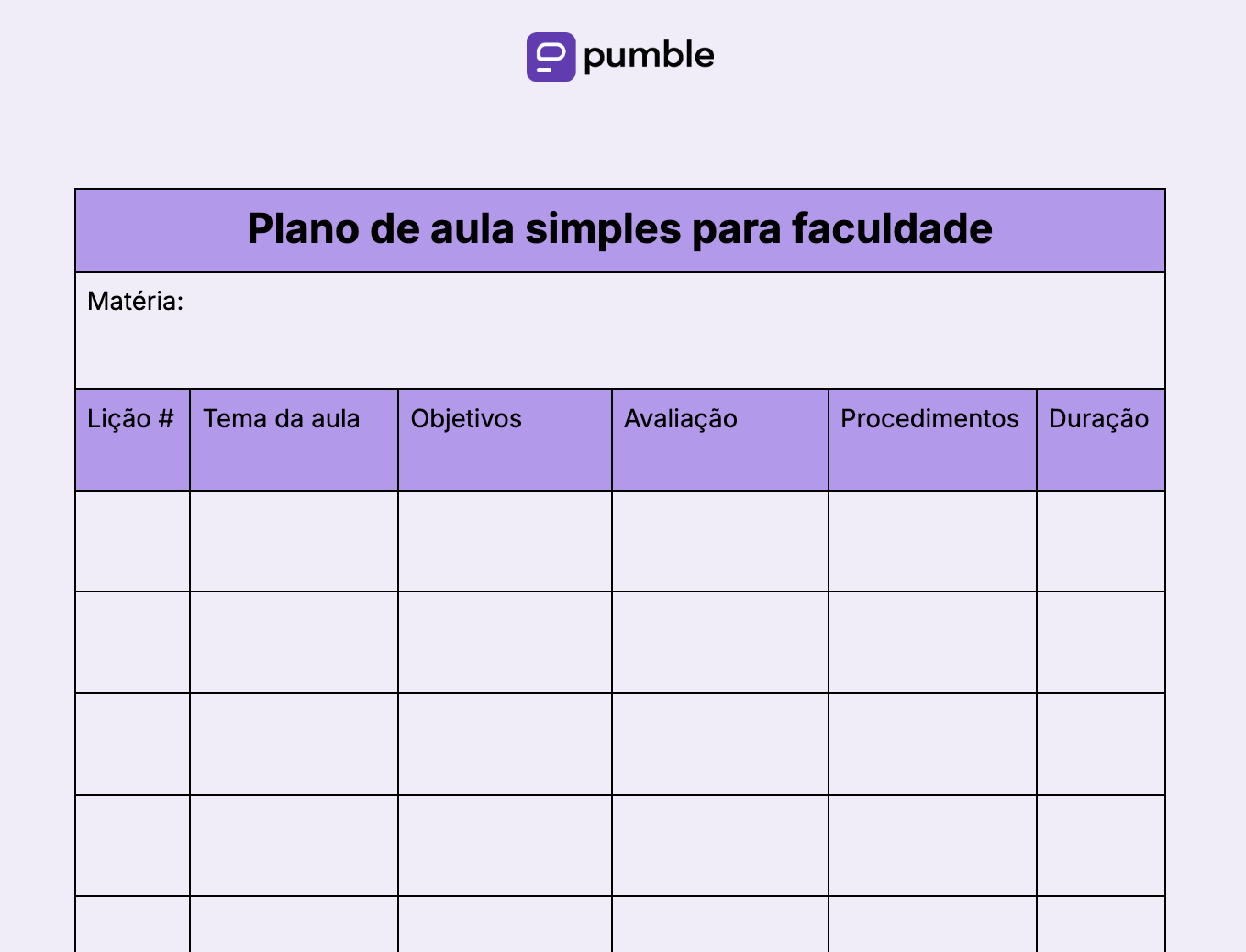 Modelo de plano de aula simples para faculdade