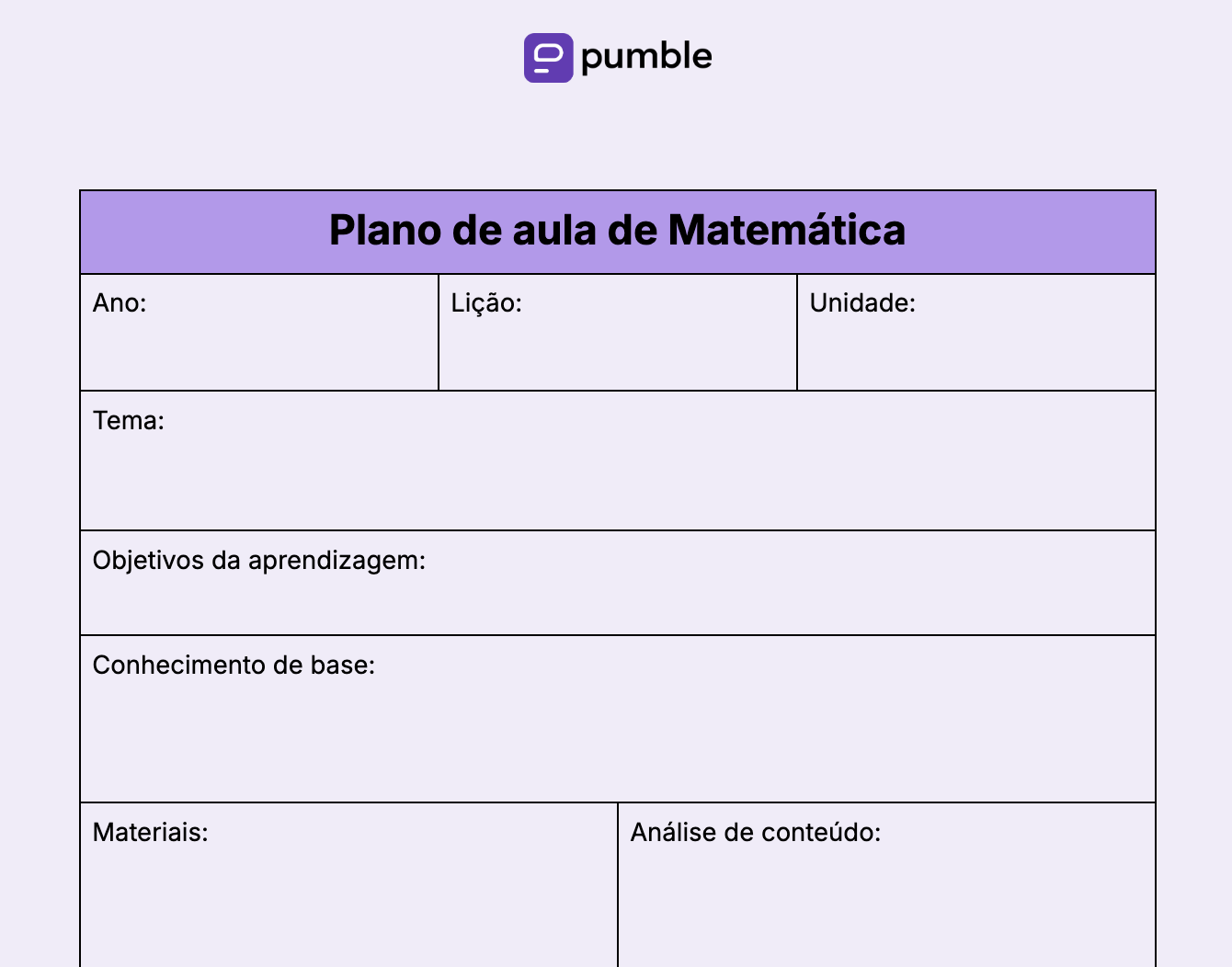 Modelo de plano de aula de Matemática