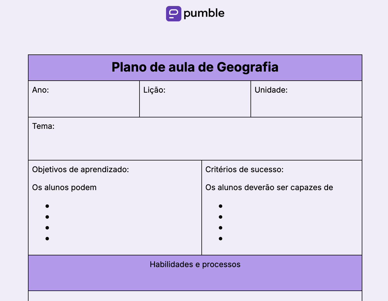 Modelo de plano de aula de Geografia