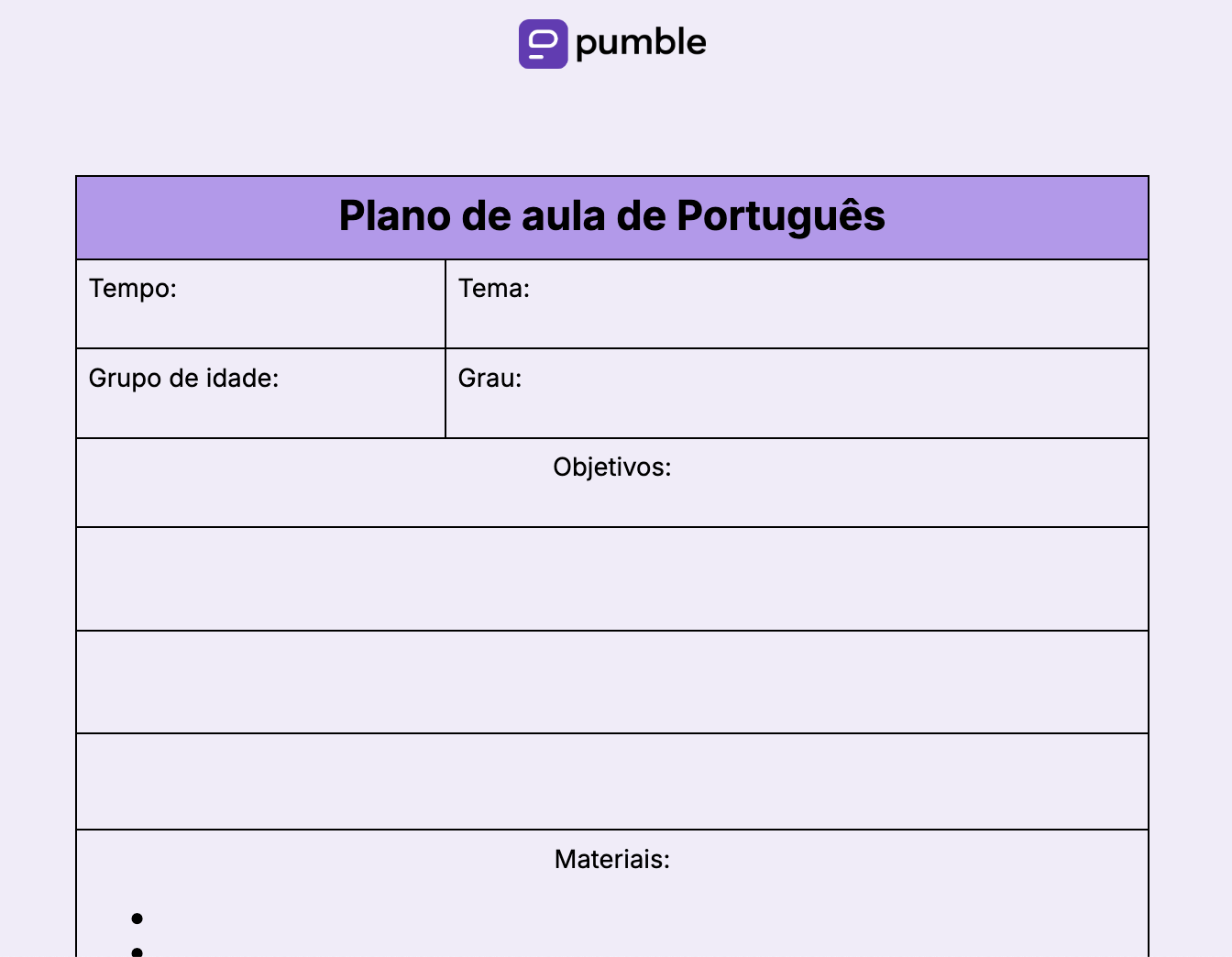 Modelo de plano de aula de Português