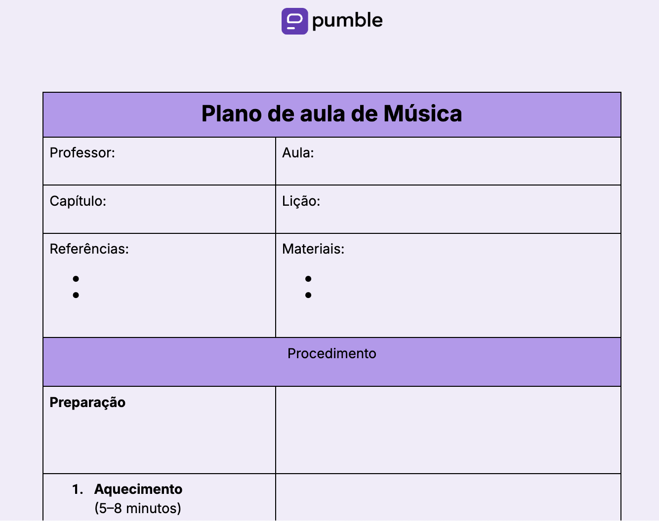 Modelo de plano de aula de Música