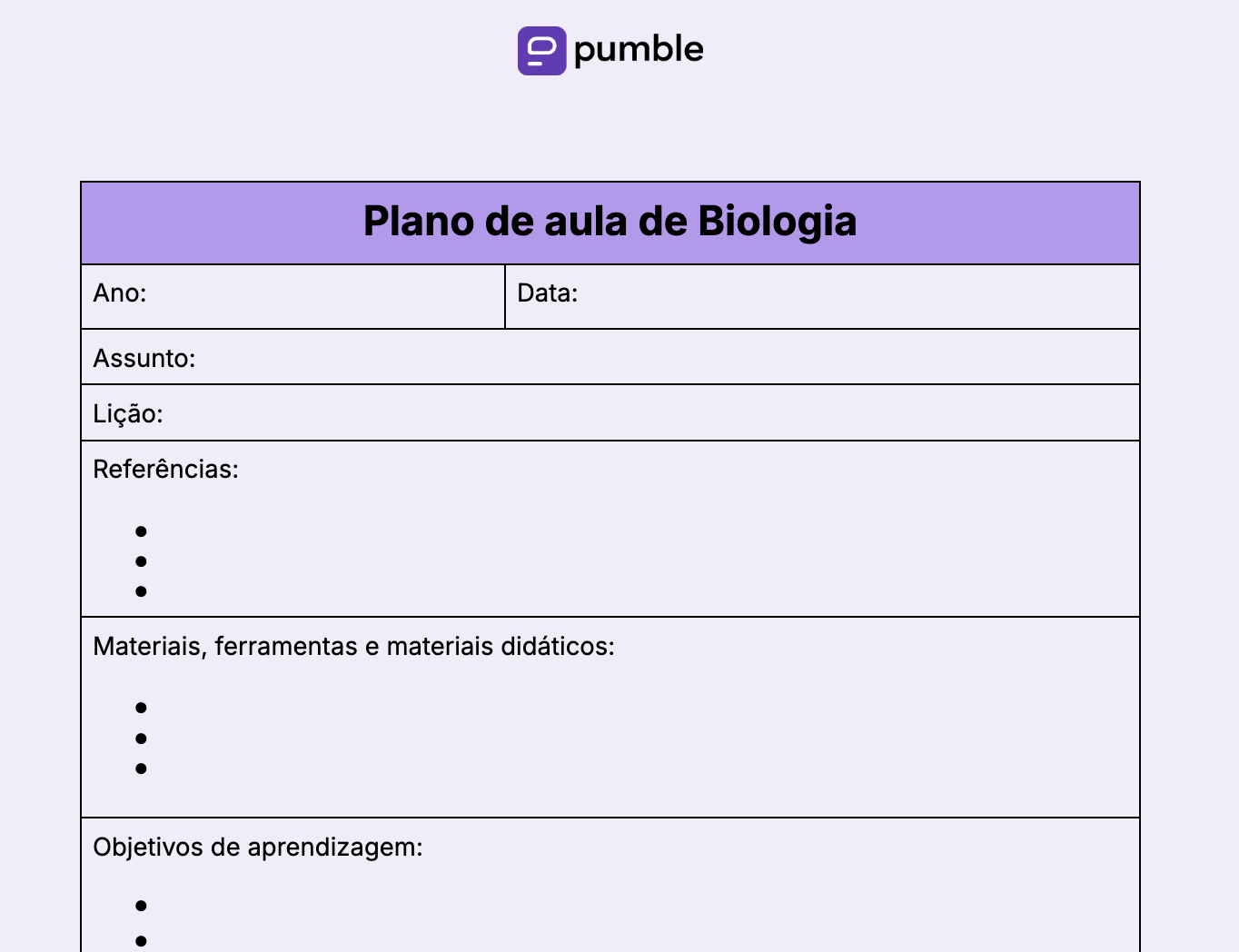 Modelo de plano de aula de Biologia