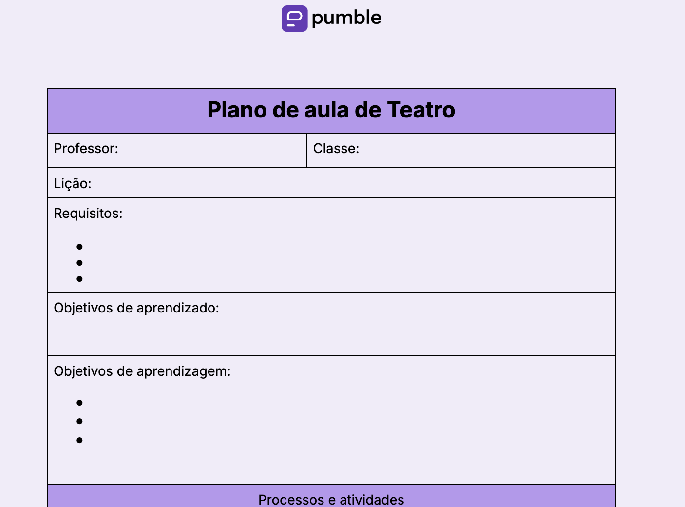 Modelo de plano de aula de Teatro