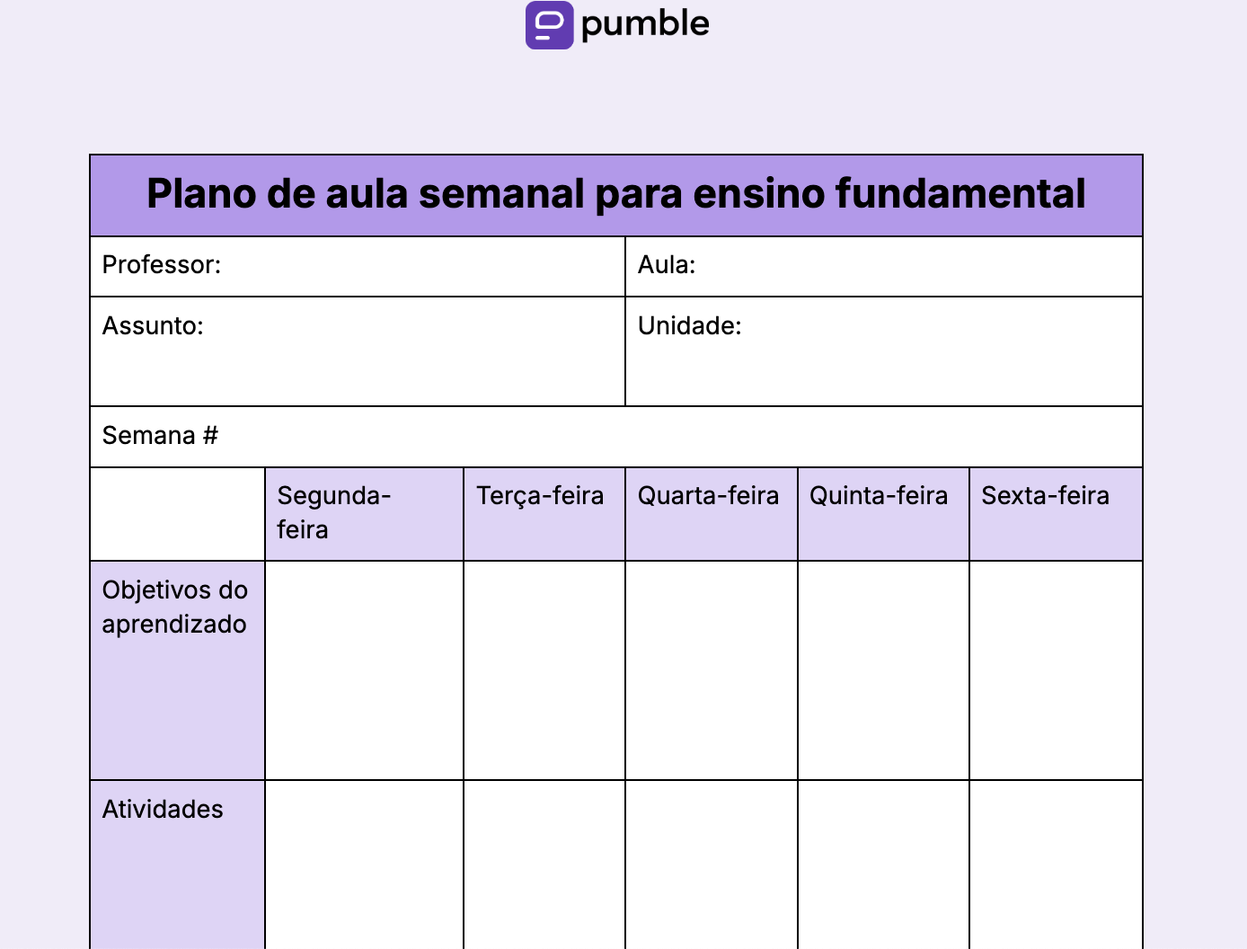 Modelo de plano de aula semanal