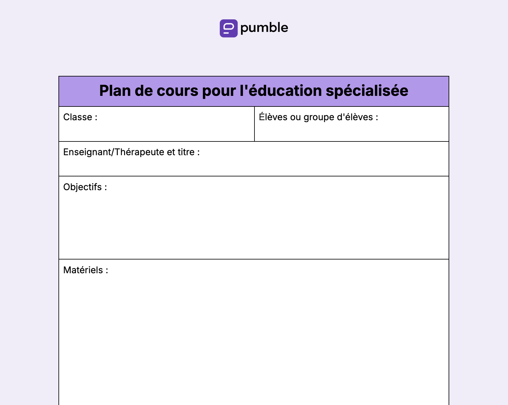 Plan de cours pour l'éducation spécialisée