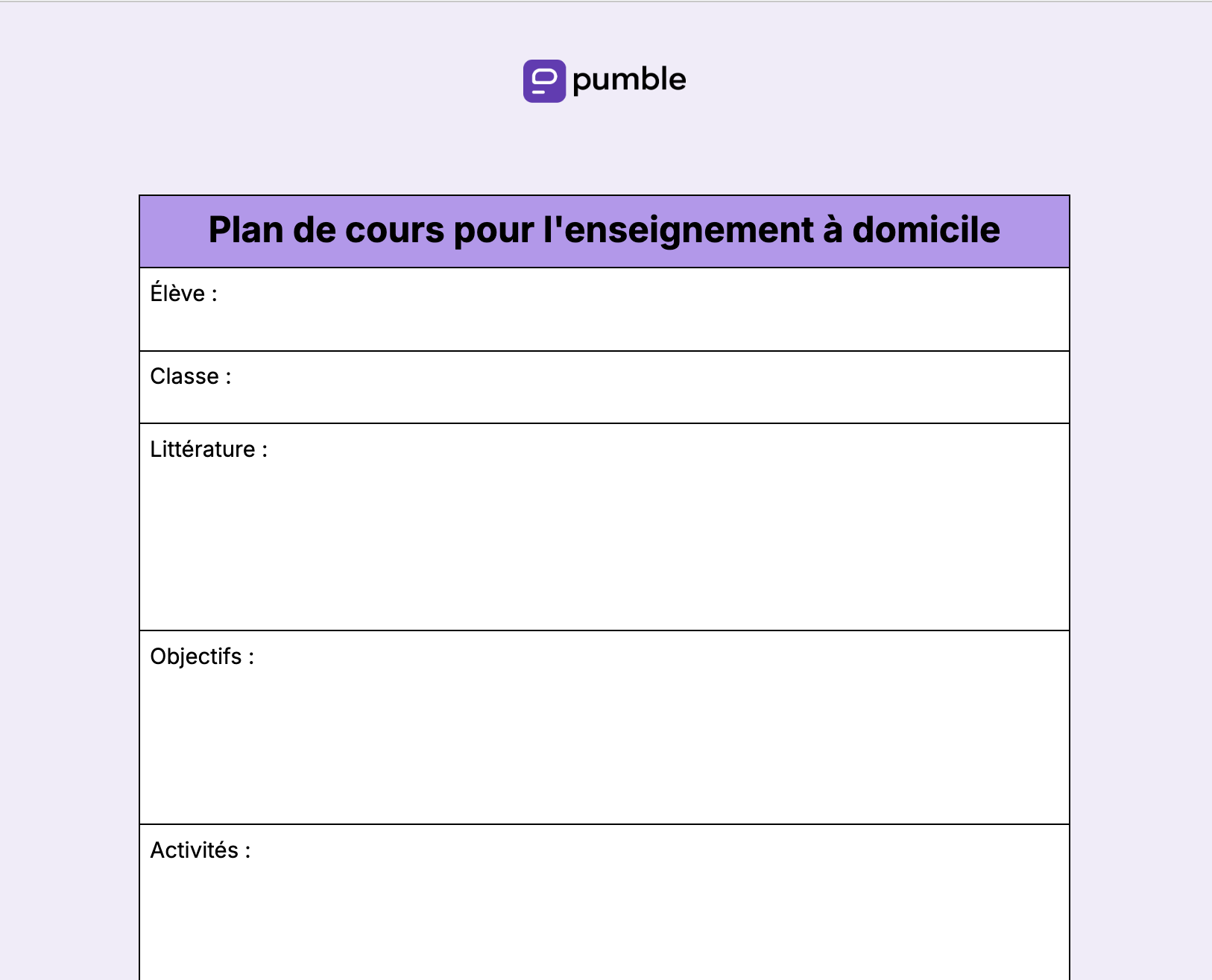 Plan de cours pour l'enseignement à domicile