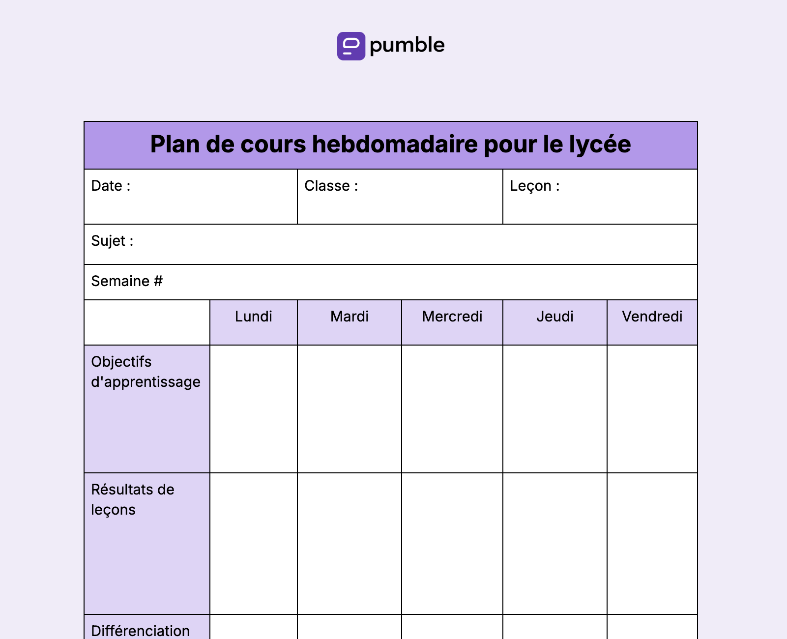 Plan de cours hebdomadaire pour le lycée