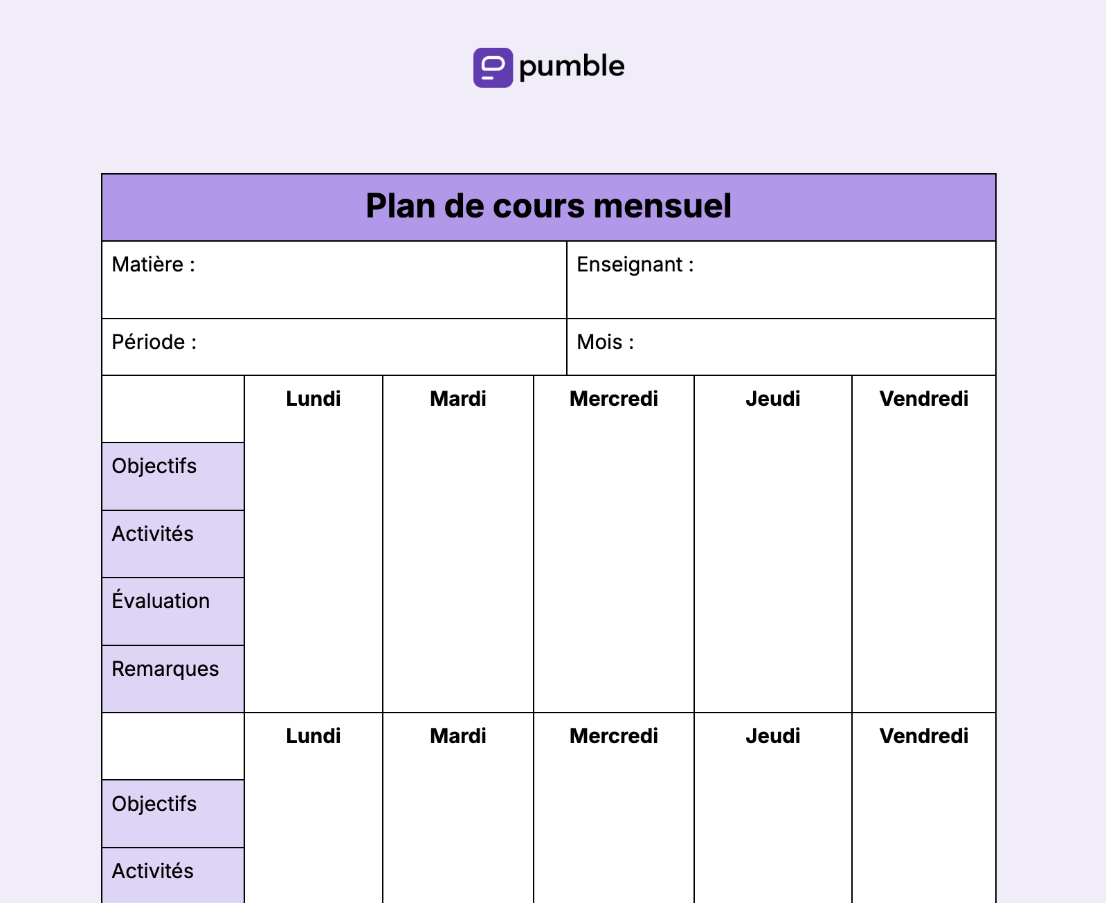 Plan de cours mensuel