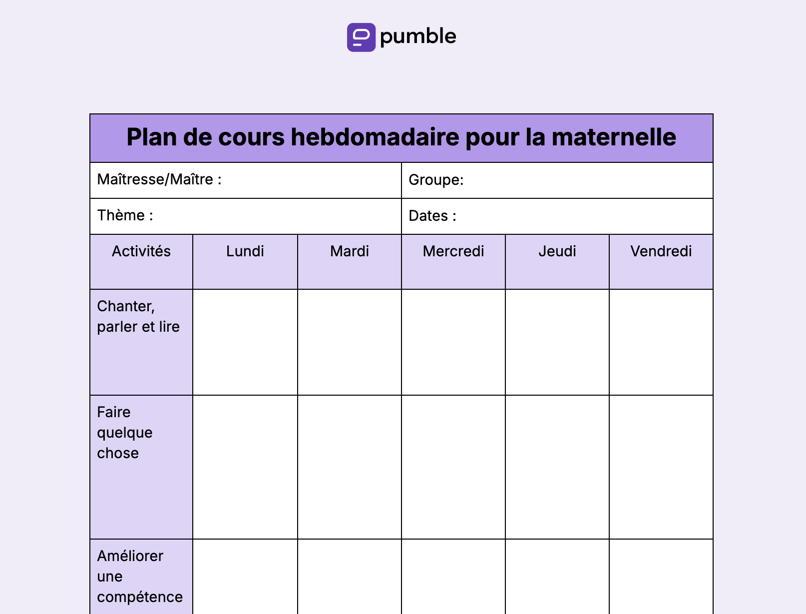 Plan de cours hebdomadaire pour l'école maternelle