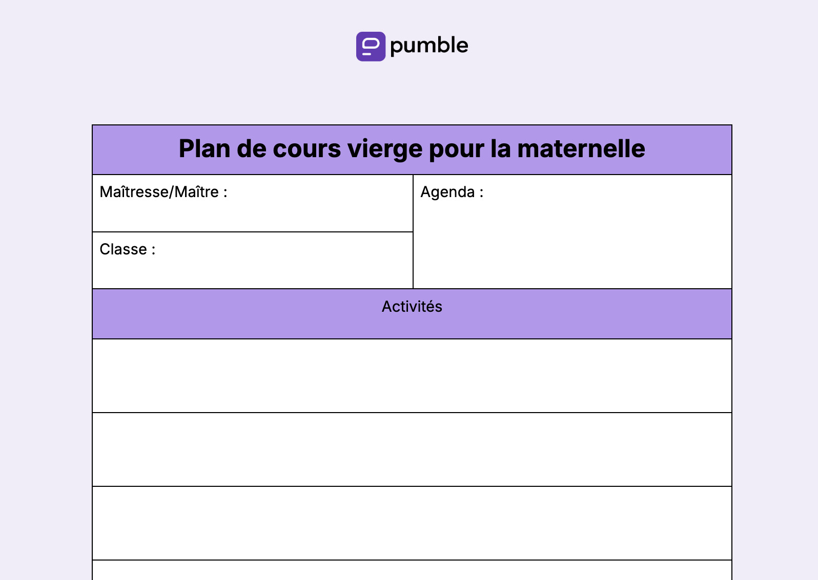 Plan de cours vierge pour l'école maternelle