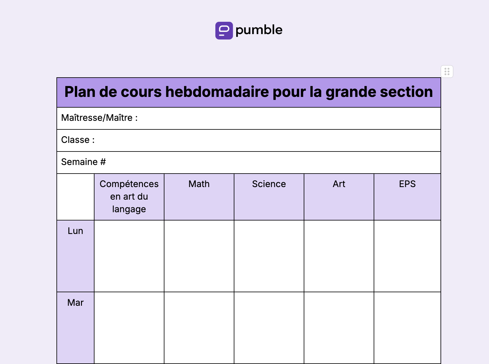 Plan de cours hebdomadaire pour la grande section maternelle