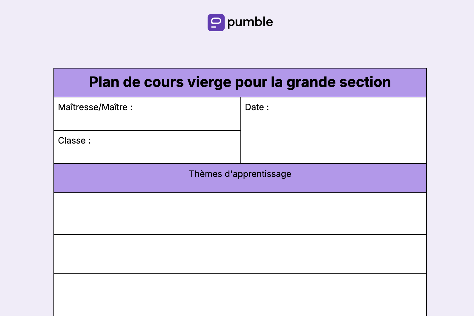 Plan de cours vierge pour la grande section maternelle