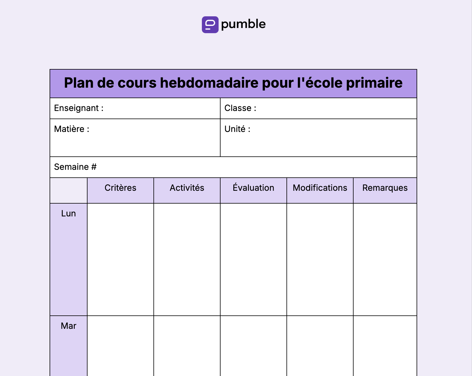 Plan de cours hebdomadaire pour l'école primaire