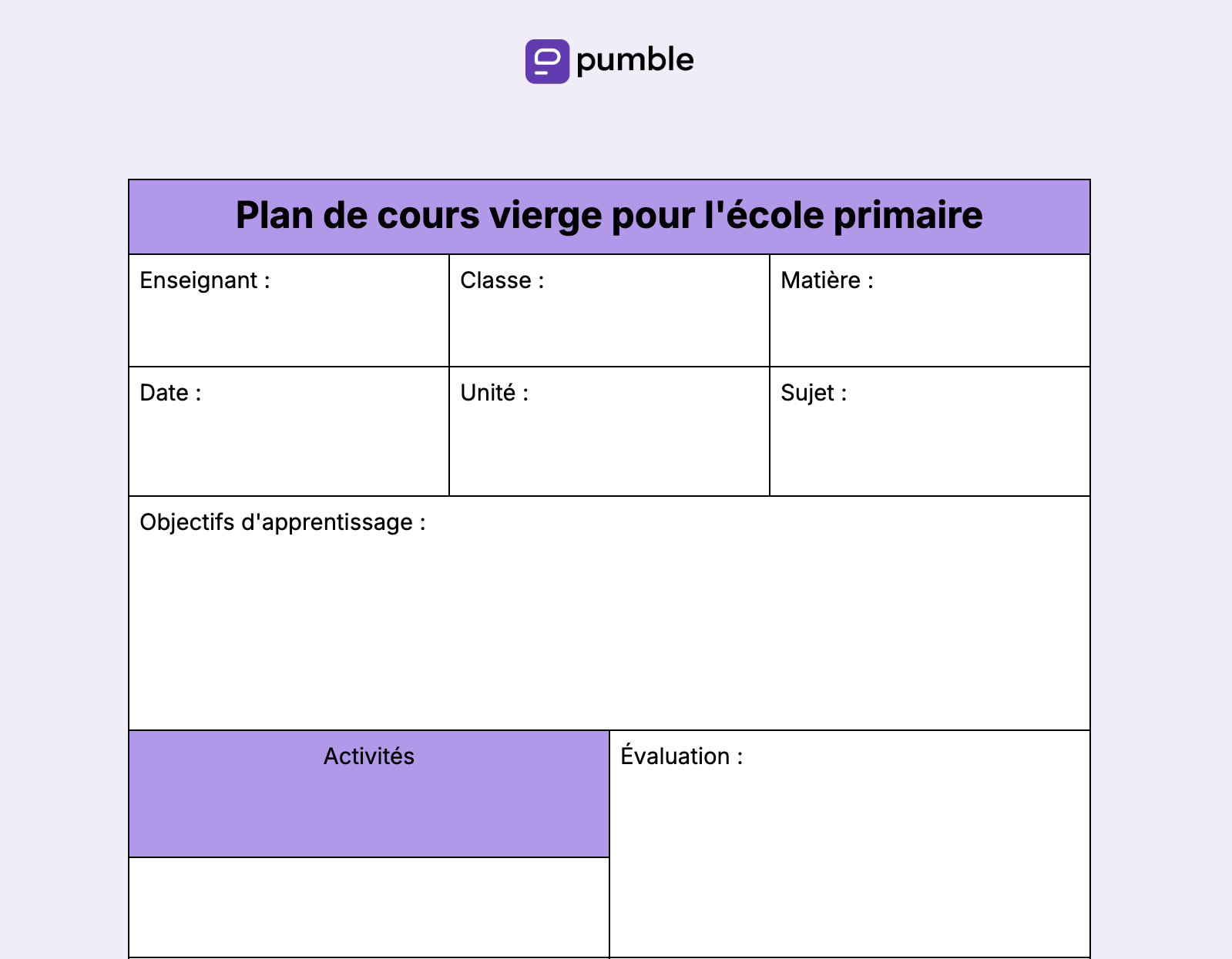 Plan de cours vierge pour l'école primaire