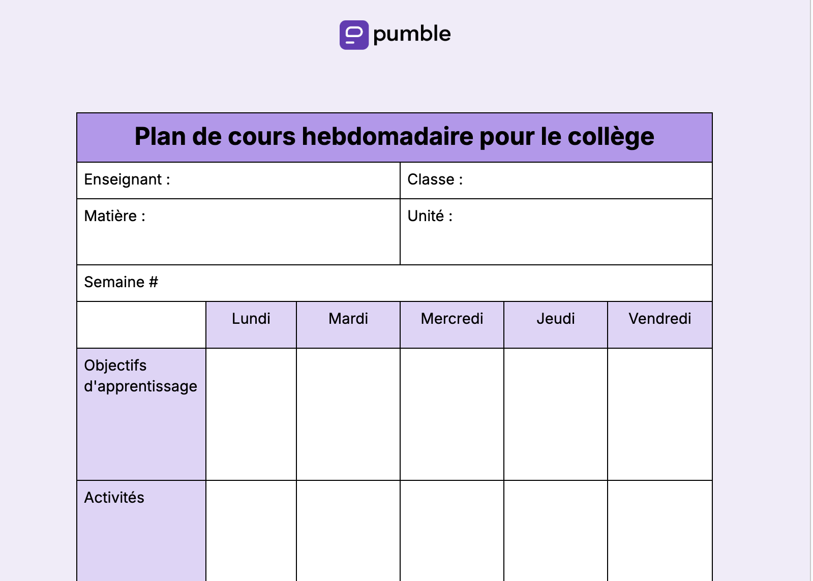 Plan de cours hebdomadaire pour le collège
