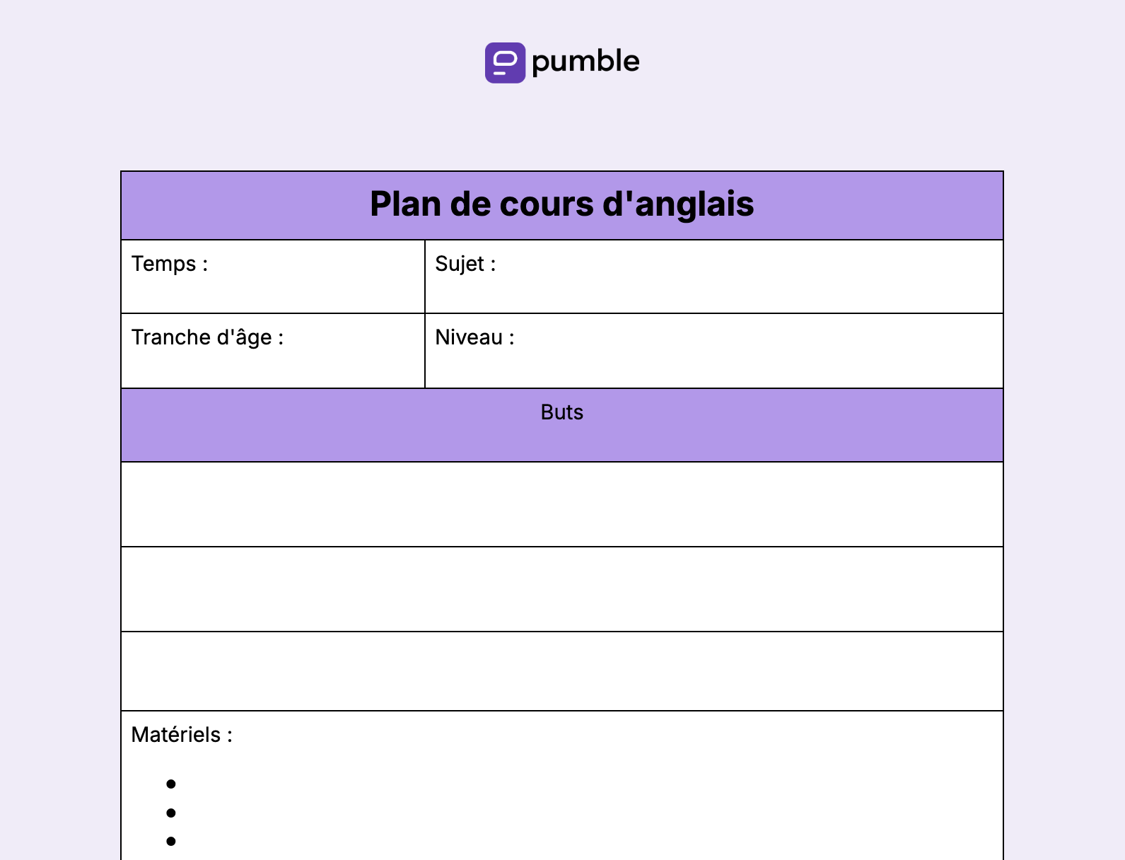 Plan de cours d'anglais