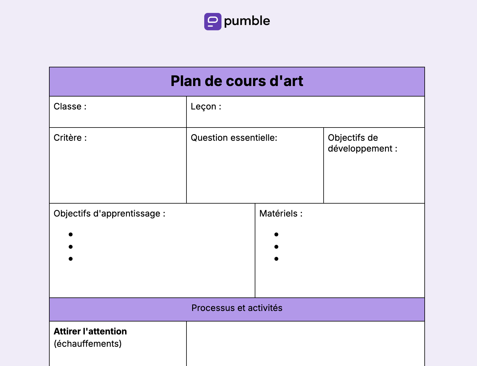 Plan de cours d'art