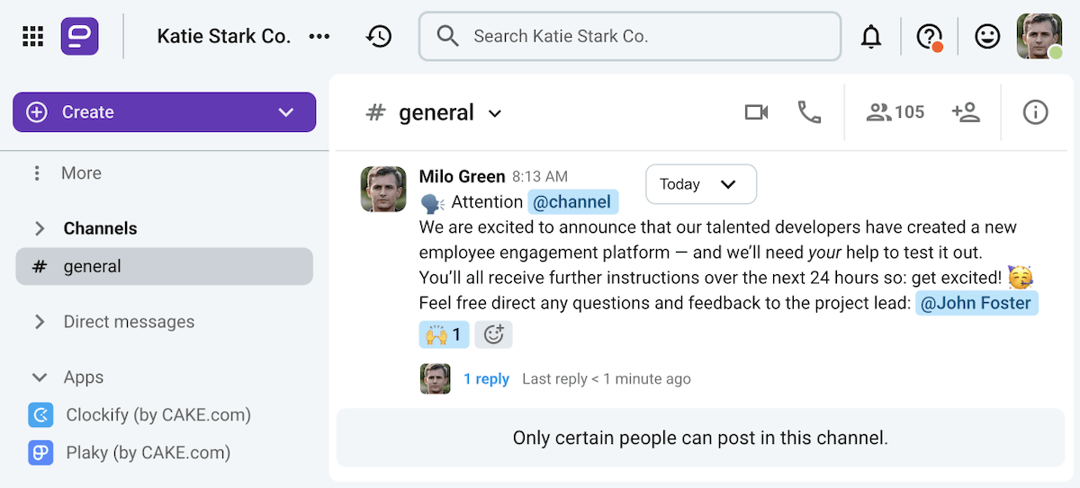 An announcement in a channel with restricted posting permissions on Pumble, the team communication app