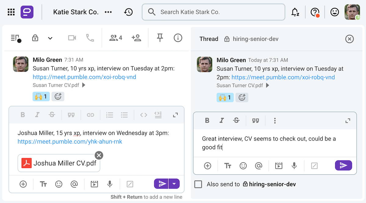 Channels, threads, meeting links, and file sharing on Pumble, the business communication app