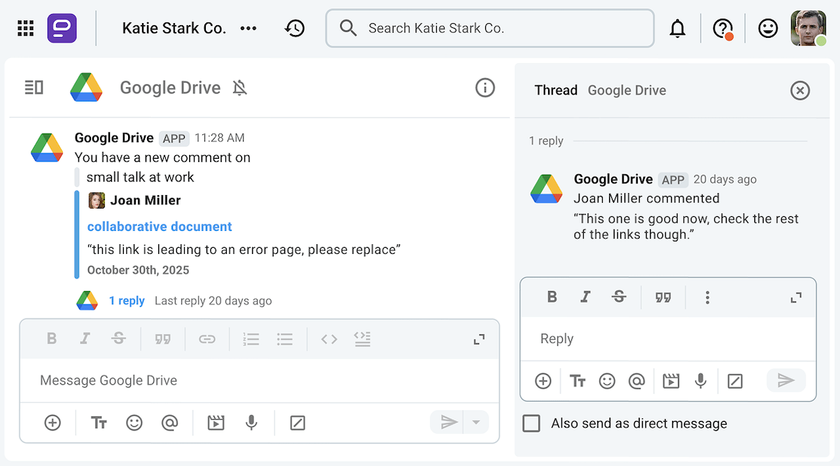 Collaborating through the Google Drive integration on Pumble, the business communication app